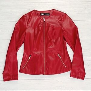 Red Leather Jacket - Zara - Size M